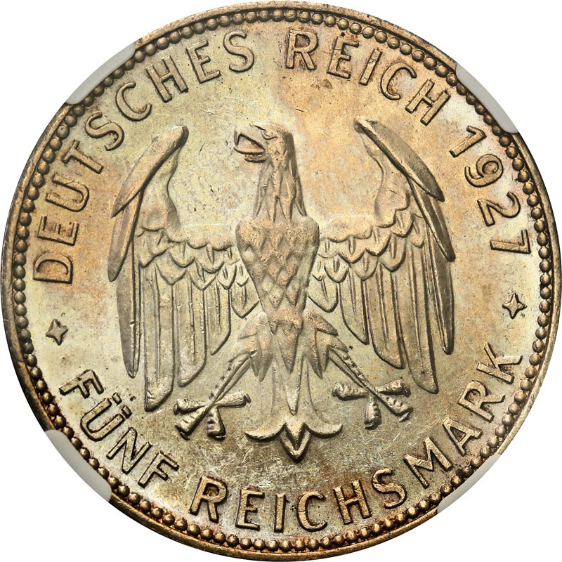 Niemcy, Weimar. 5 marek 1927 F, Stuttgart - Uni. Tubingen NGC MS64 - Rzadkie